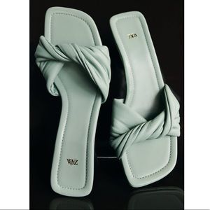 Zara Green square toe knotted leather heel sandal